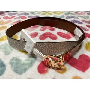 Michael Kors Belt Womens XL Logo Buckle Gold Beige Brown Designer New